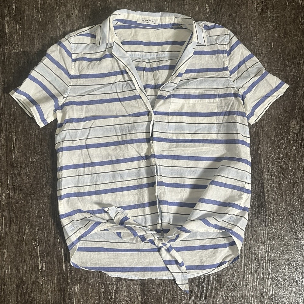 Equipment Femme Short Sleeve Cotton Blouse Waist Tie Striped XS Collar Blue‎